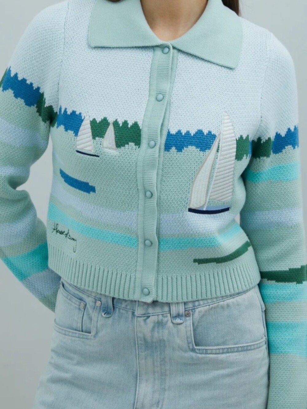 House of Sunny Pastel Mint & Teal Sailboat Knit Cardigan - Picture 2 of 8